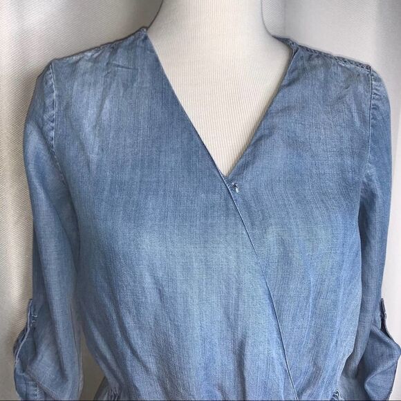 Cato Chambray Faux Wrap Roll Tab Sleeves Romper - Picture 4 of 9